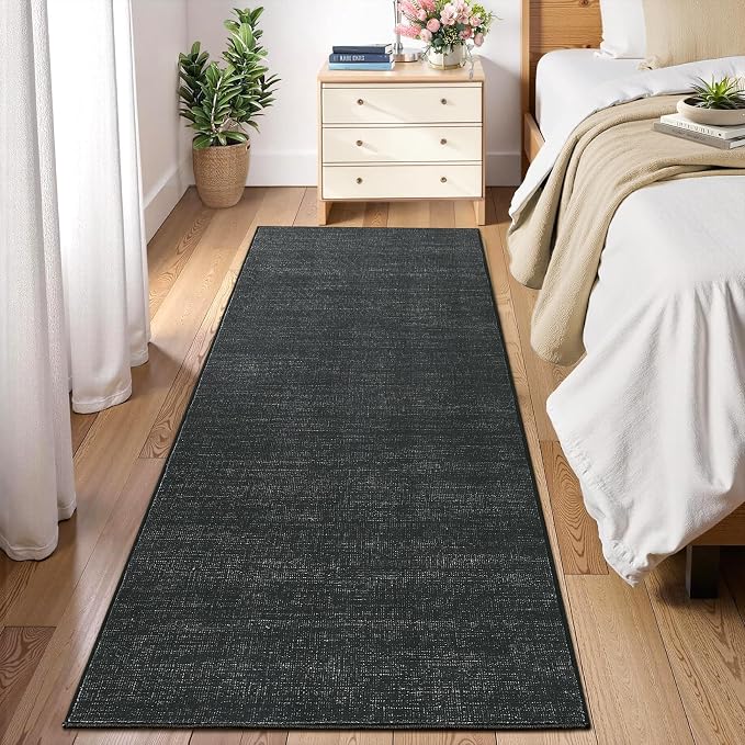 Garvee Washable Runner Rug for Hallway 2x6 Black Solid Color Bathroom Rug | Non Slip Non Shedding Modern Neutral Stain Resistant Low Pile Contemporary Accent Rugs for Entryway Bedroom Kitchen