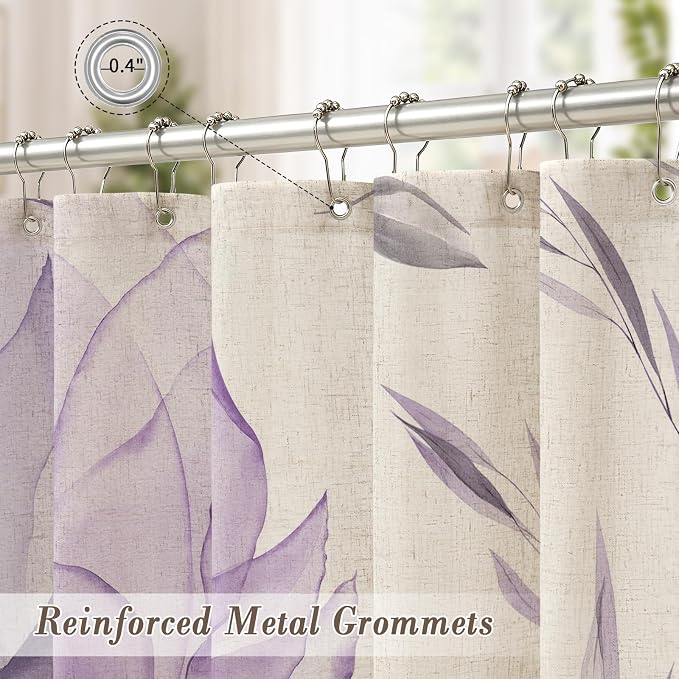 Purple Floral Linen Shower Curtain, Watercolor Botanical Design, 72 x 72 | Boho Floral Design, Watercolor Botanical Style, Ink Painting Flowers & Leaves, Linen Blend Fabric Curtain