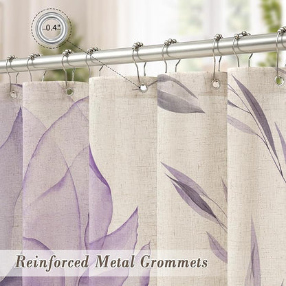 Purple Floral Linen Shower Curtain, Watercolor Botanical Design, 72 x 72 | Boho Floral Design, Watercolor Botanical Style, Ink Painting Flowers & Leaves, Linen Blend Fabric Curtain