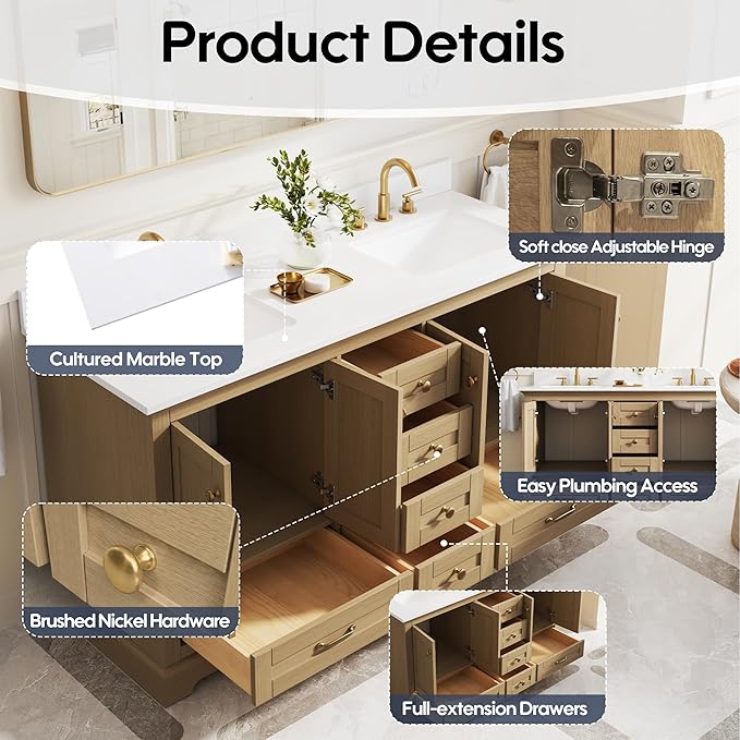 WELLFOR 60" Bathroom Vanity with Double Sinks, Bathroom Freestanding Vanity W/4 Soft-Close Doors and 6 Drawers, Large Storage Space Vanity, Bathroom Vanity with Cultured Marble Countertop (Oak)