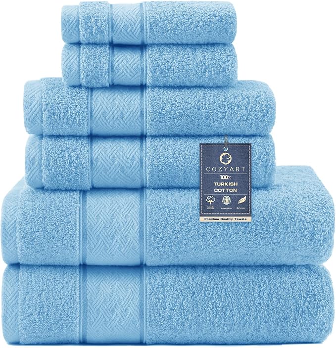 COZYART Bath Towel Set 6 PCS, Sky Blue 100% Turkish Cotton 650GSM Soft | Absorbent Quick Dry, OEKO‑Tex 100 Cert. Zero Twist Ring Spun Cotton, Plush Fluffy, Breathable Hotel Quality Bathroom Towels
