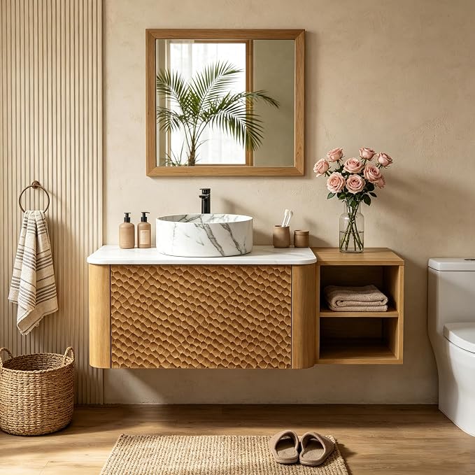 42 Inch Modern Bathroom Vanity with Ceramic Sink, Floating Bathroom Sink Cabinet with Sintered Stone Top&Solid Wood Hammered Frame, Single Bathroom Vanities w/Soft-Close Drawer&Side Open Cube