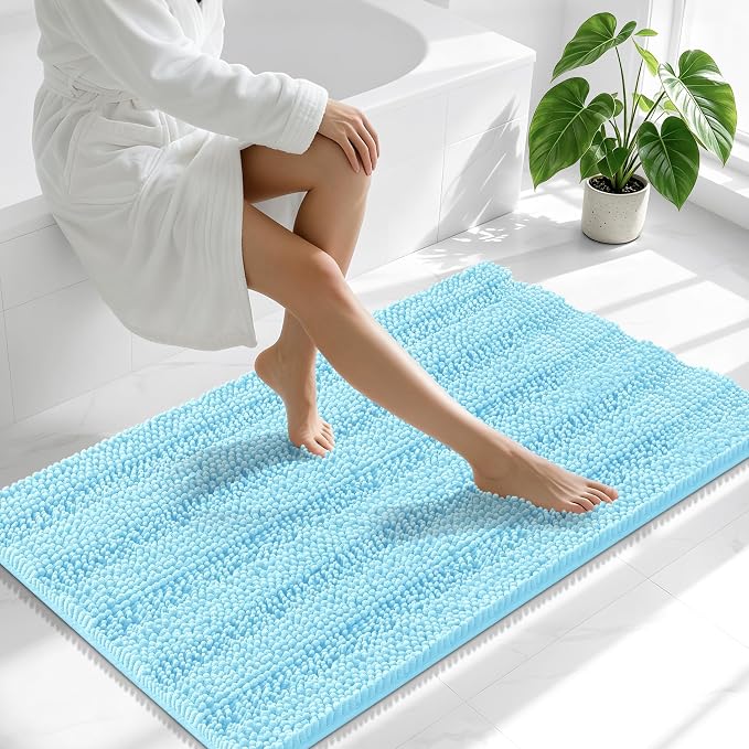 Smiry Thick Chenille Bathroom Runner Rugs 44x24, Soft Bath Mat, Sky Blue | Quick‑Dry & Machine Washable, Non‑Slip Bath Carpet, Striped Bath Rugs for Tub & Shower, Modern Home Decor Accessories