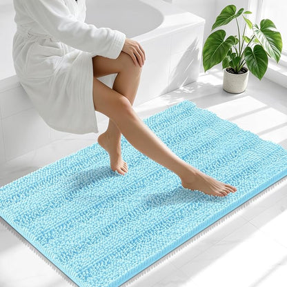Smiry Thick Chenille Bathroom Runner Rugs 44x24, Soft Bath Mat, Sky Blue | Quick‑Dry & Machine Washable, Non‑Slip Bath Carpet, Striped Bath Rugs for Tub & Shower, Modern Home Decor Accessories