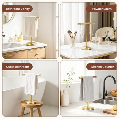 T-Shape Bath Hand Towel Holder Standing (Golden -1 Pack) | Weighted Stainless Steel Base Helps Prevent Tipping While The Open T-Shape Keeps Towels Dry on Bathroom Countertops