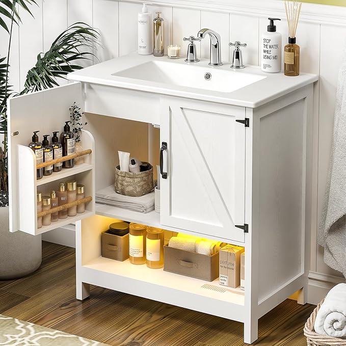 30" Bathroom Vanity with Sink, Modern Bathroom Cabinet with LED Light, Bathroom Vanity Set, Double Soft Closing Cabinet Door with Organizer, White