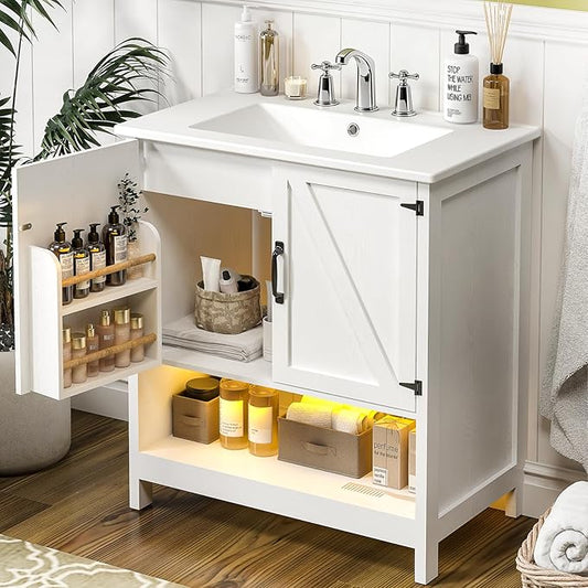 30" Bathroom Vanity with Sink, Modern Bathroom Cabinet with LED Light, Bathroom Vanity Set, Double Soft Closing Cabinet Door with Organizer, White