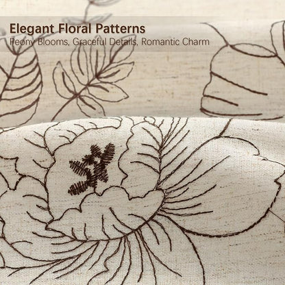 Farmhouse Floral Linen Shower Curtain, Vintage Brown Embroidered Pattern Rustic Shower Curtains for Bathroom, Tan Taupe,72x72