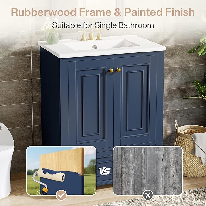 Tribesigns 24" Bathroom Vanity with Ceramic Sink Combo, Freestanding Bathroom Storage Vanity Cabinet with 2 Doors & 1 Drawer, Solid Wooden Frame & Coated Surface, Metal Handle, Navy Blue