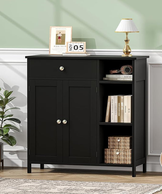 Black Bathroom Floor Cabinet with Large Drawer, Floor Storage Cabinet with Doors & Adjustable Shelves, Modern Storage Cupboard with 3 Open Shelves for Kitchen, Living Room, Entryway