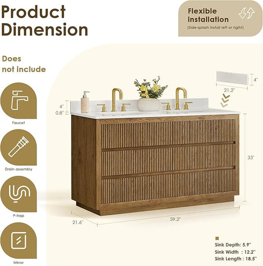 ALTAIR 60 In Bathroom Vanities Double Sink Vanity with Ceramic Countertop Backsplash Sidesplash Mordern Large Storge Cabinet Pre-Assembled Bath Fixtures Brown