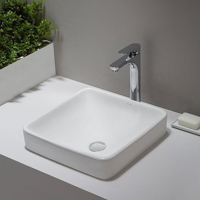 Kraus KCR-281-CH Modern Elavo Ceramic Square Semi-Recessed Bathroom Sink with Overflow and Pop Up Drain, Chrome/White 16.25