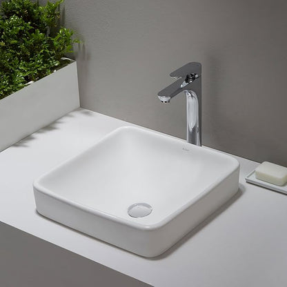 Kraus KCR-281-CH Modern Elavo Ceramic Square Semi-Recessed Bathroom Sink with Overflow and Pop Up Drain, Chrome/White 16.25