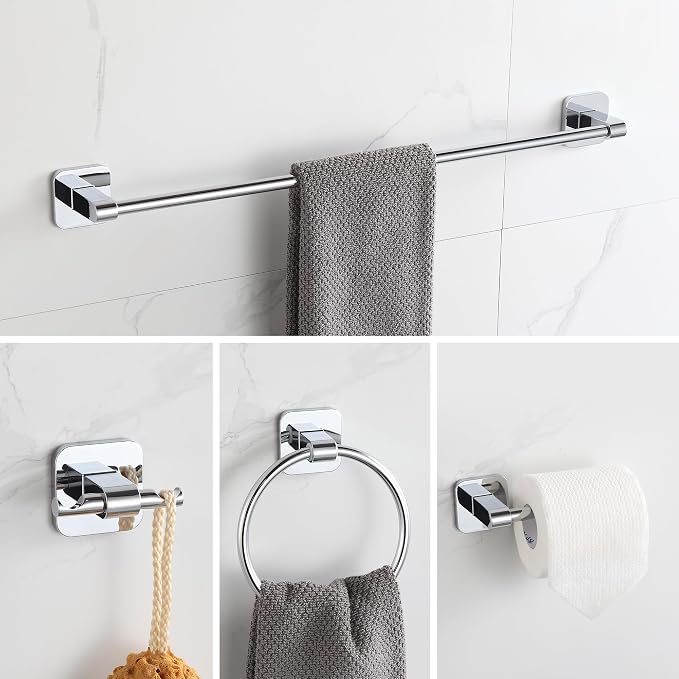 Bathroom Accessories Set, 4 Pieces Bathroom Hardware Set, 24 inch Towel Bar, Towel Racks, Robe Towel Hooks, Toilet Paper Holder Wall Mounted Or Self-Adhesive,Stainless Steel and Plastic (Chrome)
