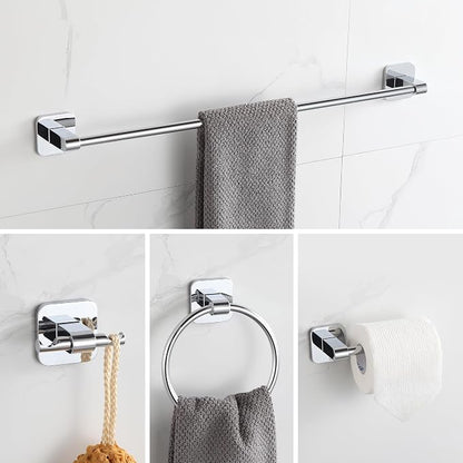 Bathroom Accessories Set, 4 Pieces Bathroom Hardware Set, 24 inch Towel Bar, Towel Racks, Robe Towel Hooks, Toilet Paper Holder Wall Mounted Or Self-Adhesive,Stainless Steel and Plastic (Chrome)