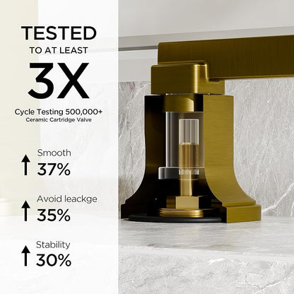 FORIOUS Brass Waterfall Brushed Gold Bathroom Faucets 3 Hole, Modern Widespread 8 Inch Bathroom Sink Faucet with Metal Pop-up Drain and Pre-Assembled Hose for Vanity, Restroom,Bathtub