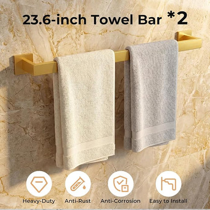 10-Piece Brushed Gold Bathroom Hardware Set SUS304 Stainless Steel, 2×23.6" Towel Bars, 2 Towel Rings, 2 Toilet Paper Holders & 4 Towel Hooks Wall Mounted Bathroom Accessories Set