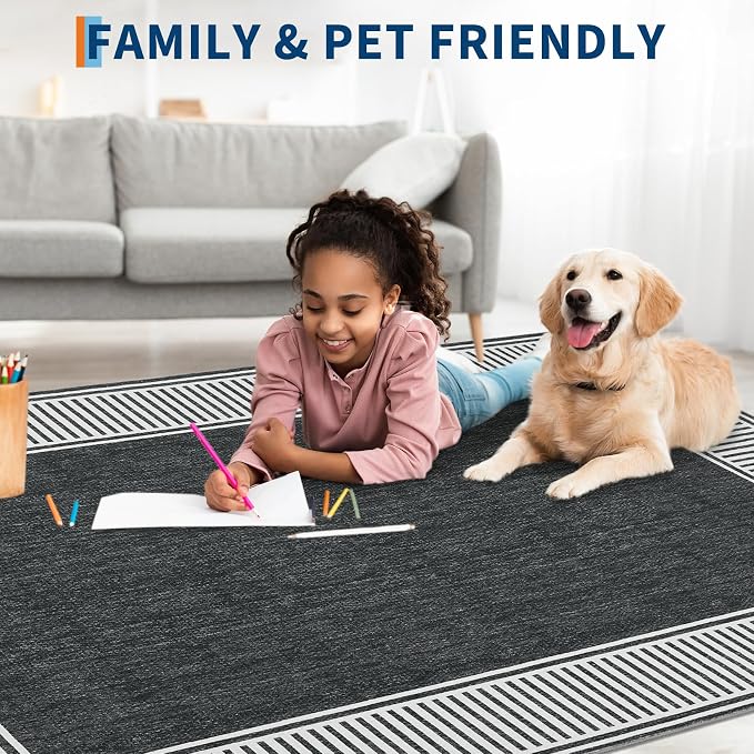 Garvee Modern Bordered Neutral Rugs for Living Room 8x10 Washable Rug Black | Large Non Slip Low Pile Soft Carpet Foldable Non-Shedding Woven Printed Floor Cover for Bedroom Playroom Nursery Office Dorm