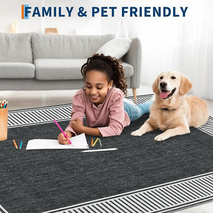 Garvee Modern Bordered Neutral Rugs for Living Room 8x10 Washable Rug Black | Large Non Slip Low Pile Soft Carpet Foldable Non-Shedding Woven Printed Floor Cover for Bedroom Playroom Nursery Office Dorm