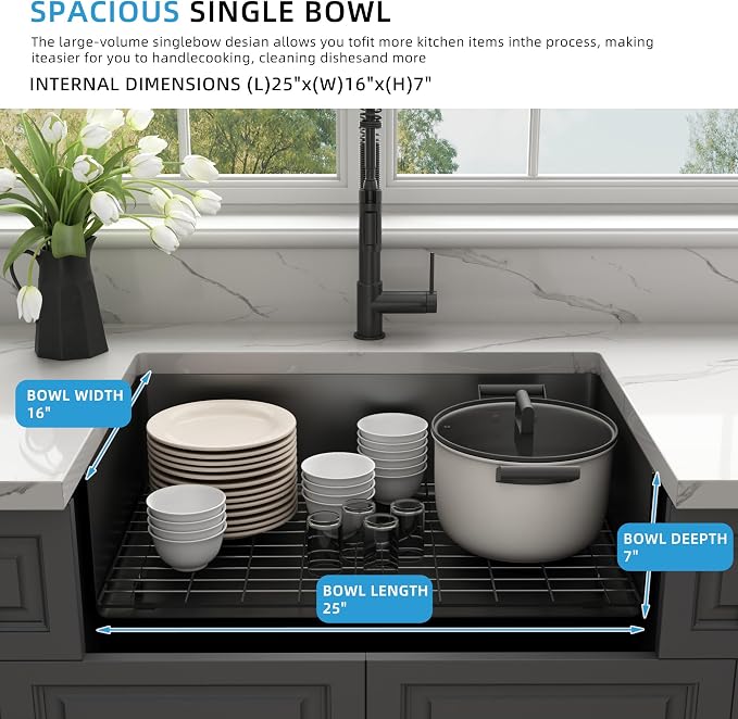 Kitsitchen Black RV Kitchen Sink,16 Gauge T304 Stainless Steel Undermount Kitchen Sinks with Strainer & Bottom Gird, 25"x16"x7" Single Bowl Drop In Kithcen Sink RV, Outdoor,Bathroom and Trailer
