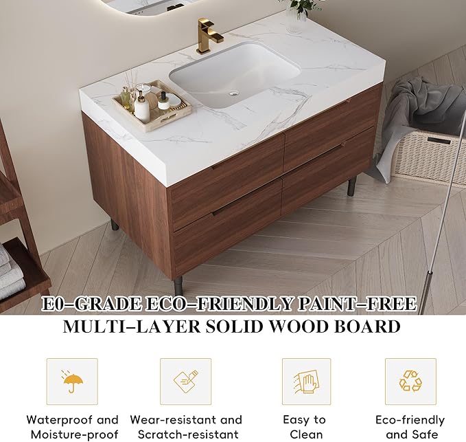 35.4" Freestanding Bathroom Vanity with Sintered Stone Countertop and Ceramic Basin Sink, Modern Bathroom Cabinet with 4 Soft Closing Drawers, Hidden Handle, Powder-Coated Metal Legs, Walnut