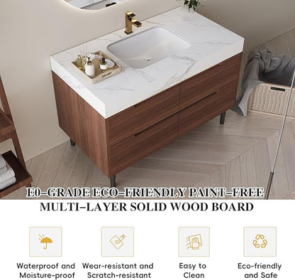 35.4" Freestanding Bathroom Vanity with Sintered Stone Countertop and Ceramic Basin Sink, Modern Bathroom Cabinet with 4 Soft Closing Drawers, Hidden Handle, Powder-Coated Metal Legs, Walnut