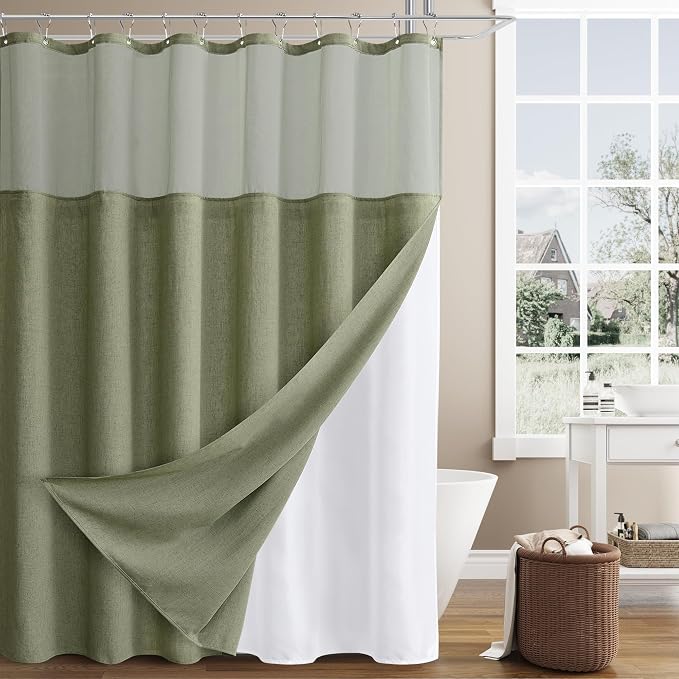 Extra Long Linen Shower Curtain 84 Inches Sage Green Double Layer | 7ft,Curtains with Hook, Snap in Liner, Water Repellent, Neutral Farmhouse, Neutral Bath Decor, 1 Panel, 72x84