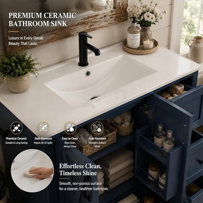 Bellemave 36" Bathroom Vanity with Sink, Bathroom vanities, Green Bathroom Vanity with Drawers, Sink Cabinet, Navy Blue, 36"