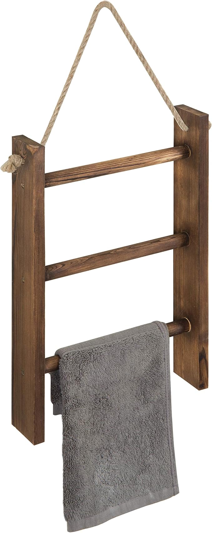 MyGift Dark Brown Wood Wall Mounted 3 Tier Hand Towel Ladder Rack | Top Rope for Easy Hanging, Vertical Storage for Guest Towels, Washcloths, Blankets & Decorative Throws