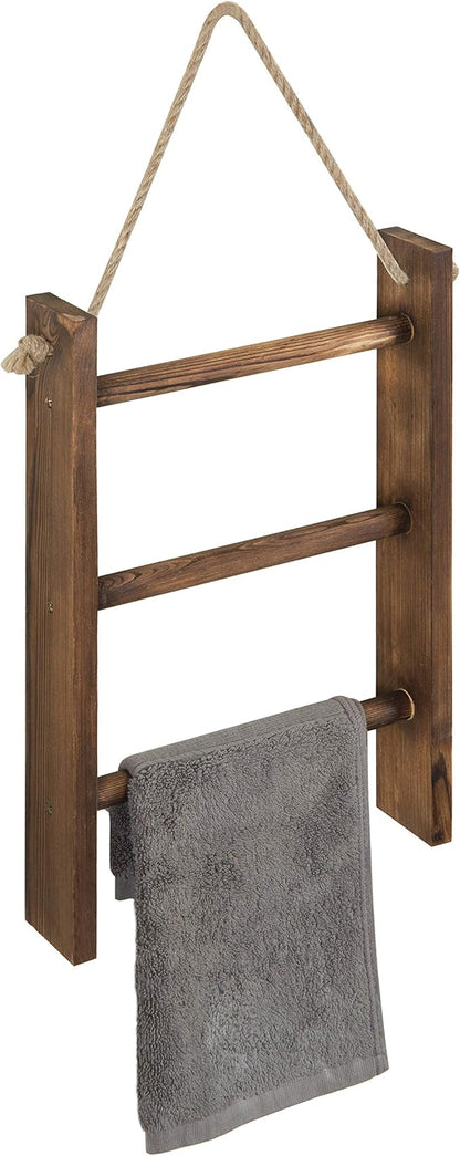 MyGift Dark Brown Wood Wall Mounted 3 Tier Hand Towel Ladder Rack | Top Rope for Easy Hanging, Vertical Storage for Guest Towels, Washcloths, Blankets & Decorative Throws