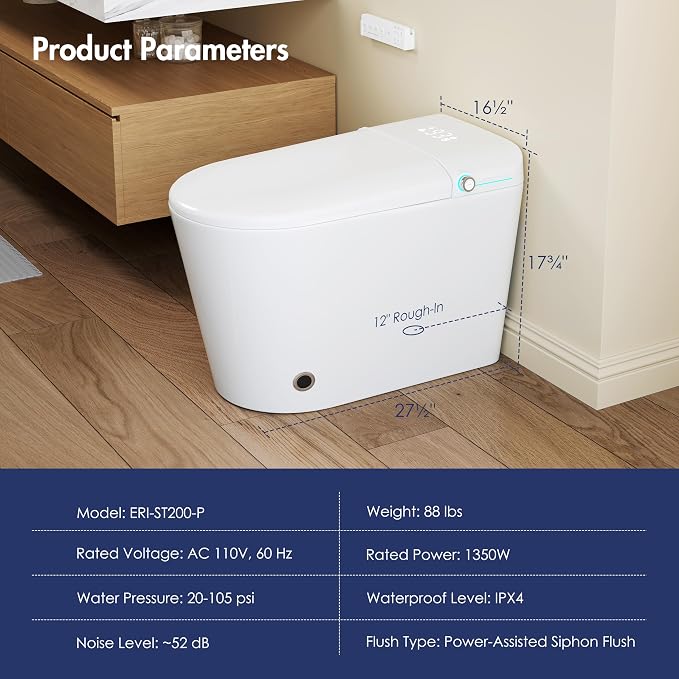 One Piece Smart Bidet Toilet, Auto Lid, Wash & Dry, White | Foot Sensor Flush, Heated Seat, Instant Warm Water, Adjustable Wash Settings, Self Cleaning Wand, Auto Flush, Pre Wet