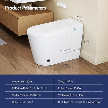 One Piece Smart Bidet Toilet, Auto Lid, Wash & Dry, White | Foot Sensor Flush, Heated Seat, Instant Warm Water, Adjustable Wash Settings, Self Cleaning Wand, Auto Flush, Pre Wet