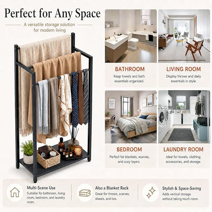 16.9" W Freestanding Towel Rack with Black Wood Shelf | 3 Tier Blanket Ladder Stand for Bathroom Living Room, Metal Frame,31.5"H x 16.9"W x7.9"D