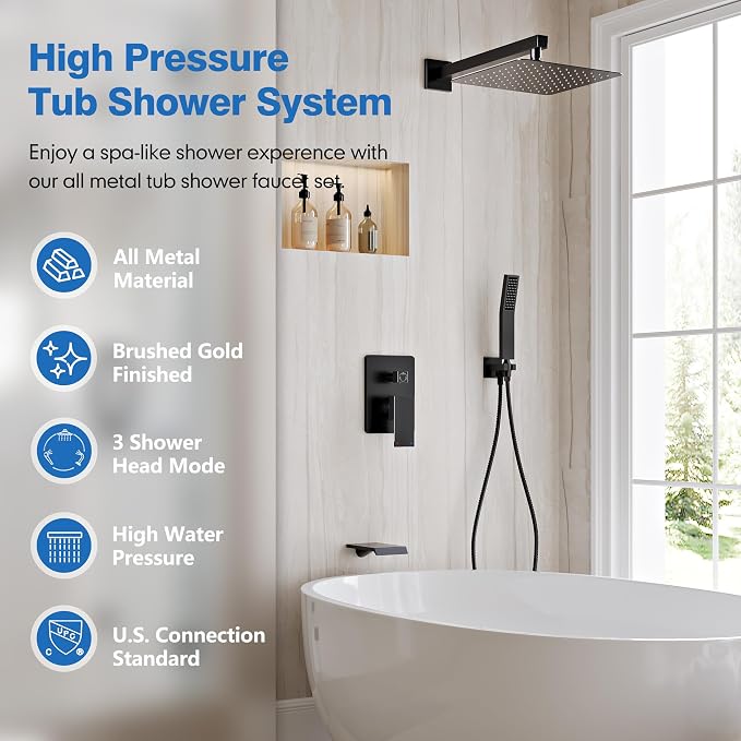 Matte Black Shower System with Tub Spout and 12-Inch Shower Head | All Metal BathTub Shower Faucet Set, Wall Mounted Bathroom Rain shower head and handheld set with Valve and Trim Kit