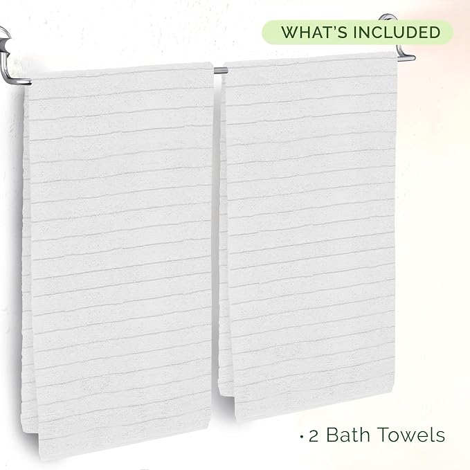 Elegant Comfort 100% Turkish Cotton Corduroy Ribbed Luxury Soft 2 Pack Bath Towels 27 x 54 Inch - Ultra Plush, Absorbent, Quick Dry, Hotel Spa Quality Towels for Bathroom Essentials, White