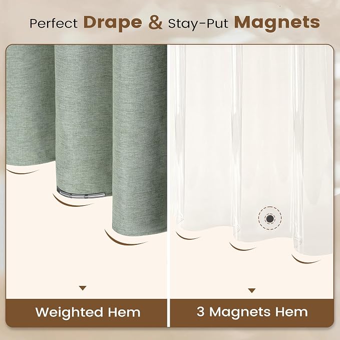 BTTN 72x84 Tall 3 in 1 Linen Texture Shower Curtain with Liner, Sage Green | Long Size, 230GSM Heavy Duty Polyester, Waterproof Clear Liner, Weighted Hem, 12 Plastic Hooks, Hotel Style, Machine Washable
