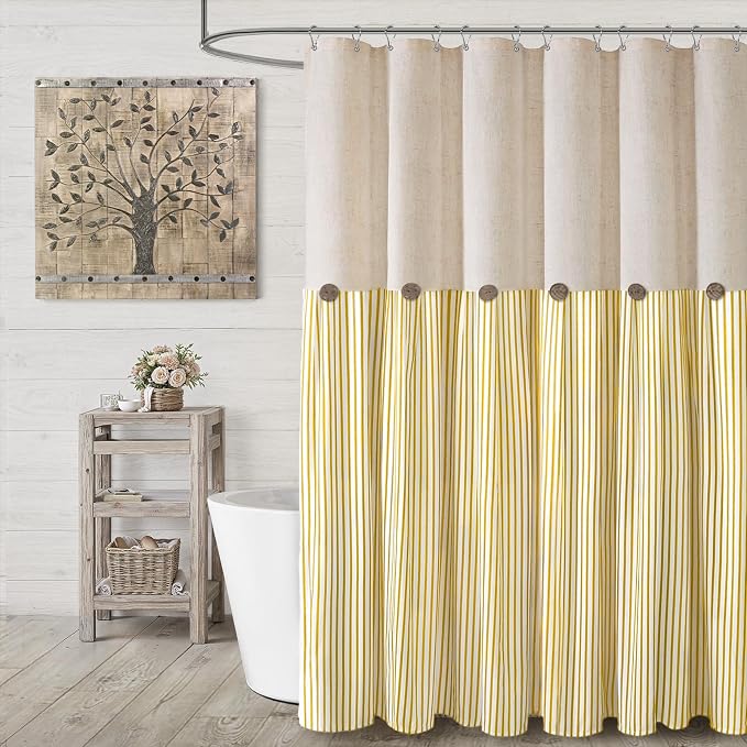 Farmhouse Shower Curtain Linen Button Yellow Stripe 72" W x 72" L | Farmhouse Style, Chic Button, Striped, Linen Fabric, Rustic, Country, Natural Look, Washable, for Bathroom Bathtub