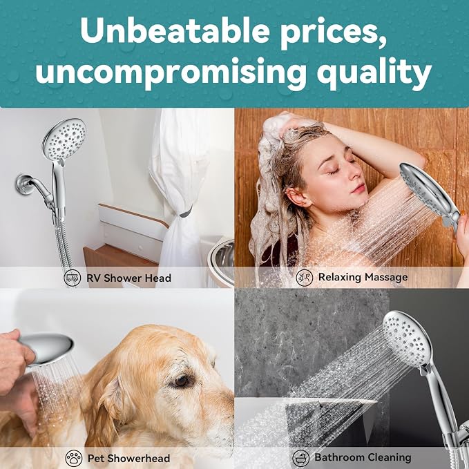JDO High Pressure Handheld Shower Head, 6 Spray Settings, 4.3" High Flow Hand Shower Set with 59" Stainless Steel Hose and Adjustable Bracket for Bathroom Gym Hotel