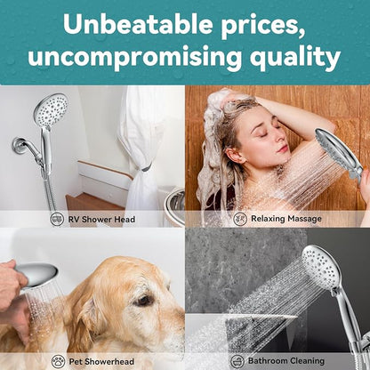 JDO High Pressure Handheld Shower Head, 6 Spray Settings, 4.3" High Flow Hand Shower Set with 59" Stainless Steel Hose and Adjustable Bracket for Bathroom Gym Hotel