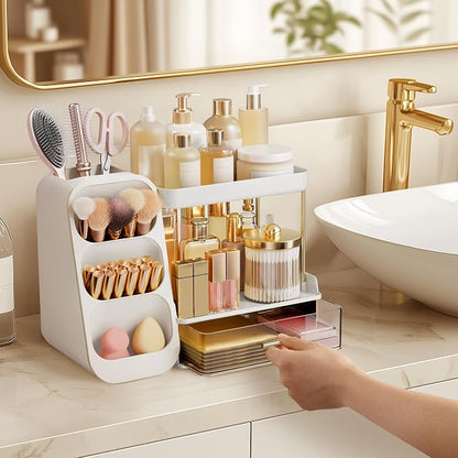 HBlife Bathroom Organizers and Storage with Brush Holder for Vanity, 3 Tier Plastic Makeup Organizer for Dresser Counter, Skincare, Lipstick, Perfume, and Cosmetic Storage