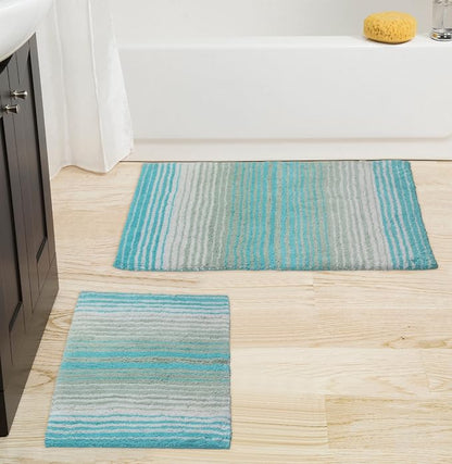 Home Weavers 100% Cotton Gradiation Collection Bathroom Décor | Washable Rug | Bathroom Mat | Kitchen Mat | Bathroom Rug Set | Bath Mat Set | Bath Floor Mat Non Slip, 2 Piece Set(S+M), Turquoise