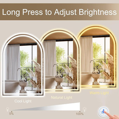 Arched LED Bathroom Mirrors with Lights 30"x48" LED Mirror for Bathroom,Led Vanity Mirror, Anti-Fog,LED Mirrors with Light, Anti-Fog, Dimmable, 3 Color, Shatterproof, Touch Sensor