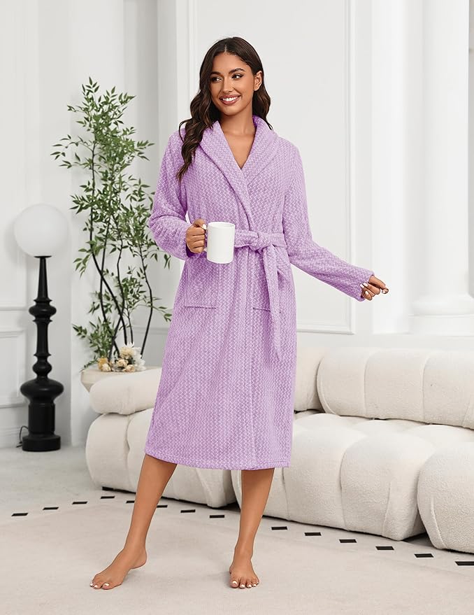 Ekouaer Women's Robe Long Plush Soft Bathrobe Cozy Warm Robes Shawl Collar Sleepwear with Pockets