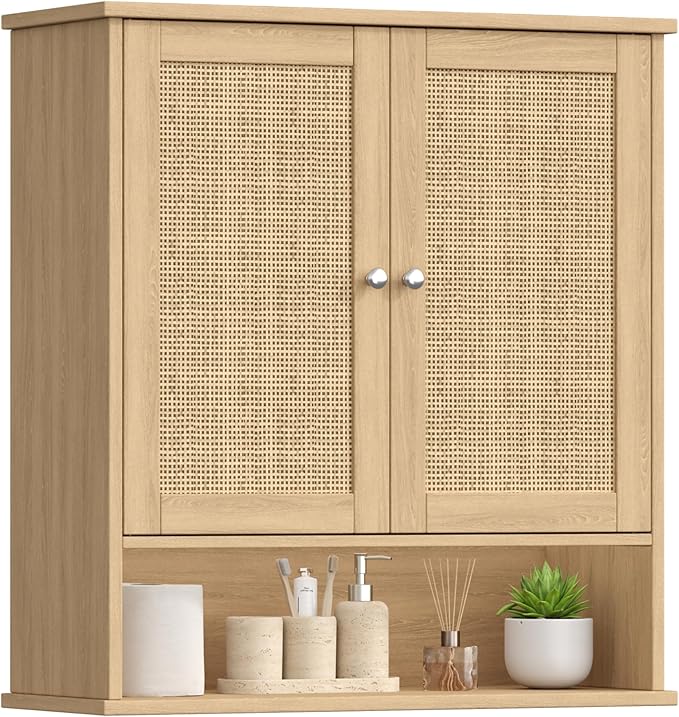 27.6" H Bathroom Wall Cabinet, Modern Medicine Cabinet with Adjustable Shelf & 2 Rattan Doors, Large Over The Toilet Storage Cabinet for Kitchen, Laundry, Living Room, Natural Oak
