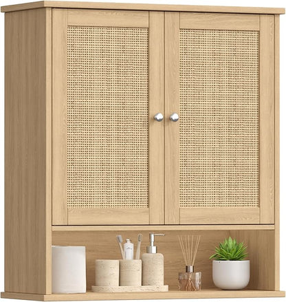27.6" H Bathroom Wall Cabinet, Modern Medicine Cabinet with Adjustable Shelf & 2 Rattan Doors, Large Over The Toilet Storage Cabinet for Kitchen, Laundry, Living Room, Natural Oak
