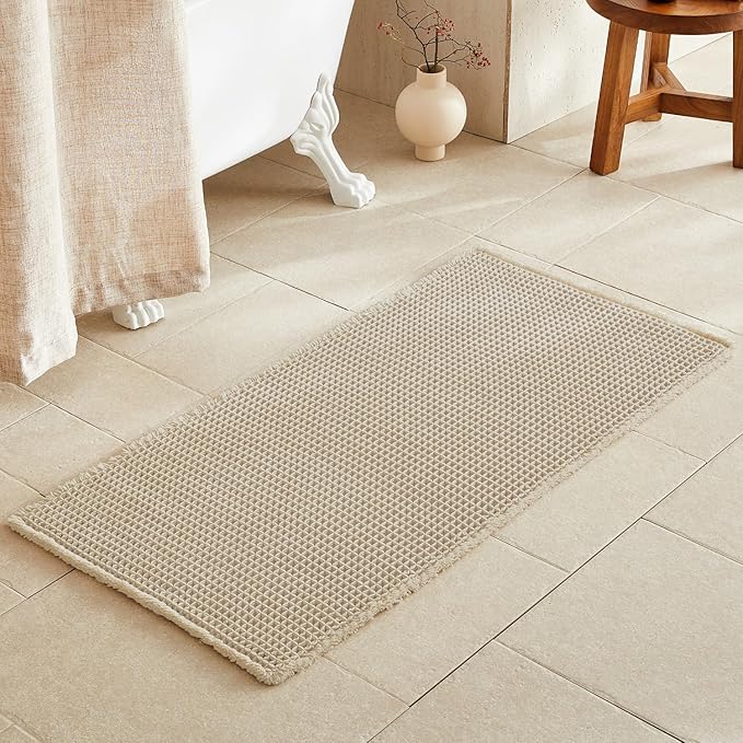 TYUU Waffle Bath Mat, Boho Bathroom Rugs Non Slip, 48x24 Pale Beige | Super Absorbent Quick Dry Bath Rug, Non-Slip Backing, Soft Waffle Washable Farmhouse Bathroom Mats, Tub, Shower & Home Decor