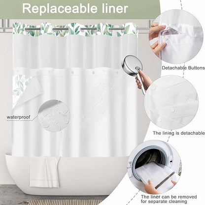 No Hook Shower Curtain and Liner Set, Light Green Eucalyptus 71x84 | Floral Design, with Snap in Liner, See-Through Top Window, Waterproof, Machine Washable, Quick-Drying, for Hotel Bathroom