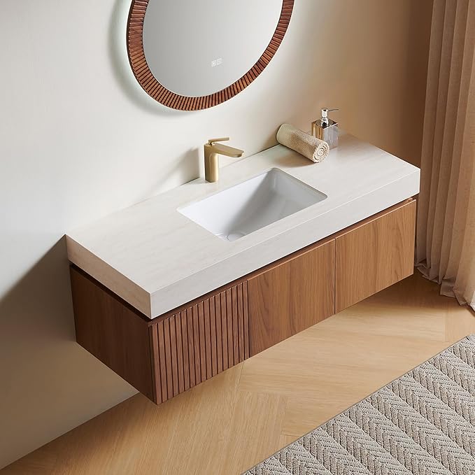 48” Floating Bathroom Vanity with Sink, Wall-Mounted Cabinet with Drawer & Doors, Roma Travertine-Pattern Countertop, Undermount Basin, Single Faucet Hole, Soft-Close, Pre-Assembled, Brown Oak