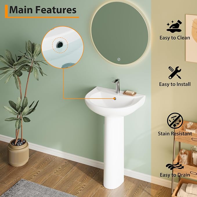 20" Bathroom Pedestal Sink - White Ceramic Vanity Sink with Overflow, Single Hole Faucet Pre-Drilled, Freestanding Restroom Sink Combo for Small Spaces