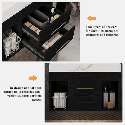 30" Bathroom Vanity with Sink Set, Modern Black Wall Mounted Bathroom Vanity Cabinet with Sintered Stone Top&Gold Handle 2 Drawers&2 Open Storage, Single Sink Floating Bathroom Vanity
